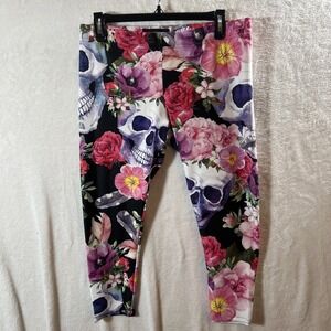 GearBunch Womens Capri Leggings Floral Skull - XL